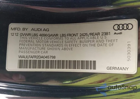 2013 Audi A5 2.0T Premium z USA, uszkodzony, nr VIN WAULFAFR2DA045798